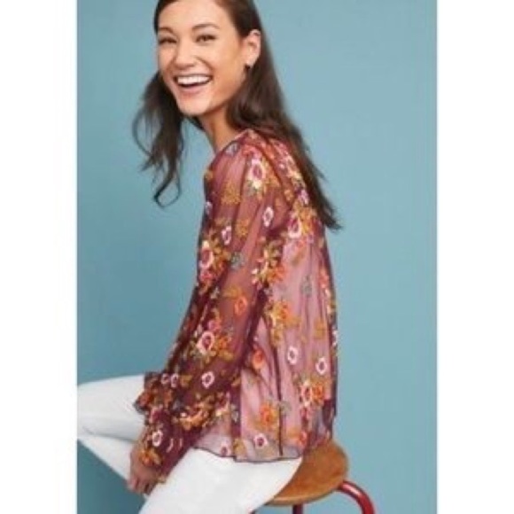 Anthropologie Feather Bone Burgundy Embroidered Sheer Mesh Blouse, Size Medium - Picture 10 of 11